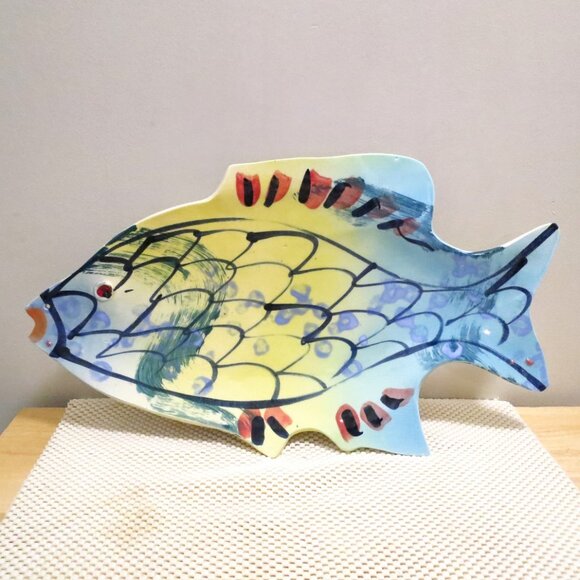 Ceramic Centerpiece Bowl Fish Handmade Signed Wall Plaque Hanging 19" x 10.7" - Picture 2 of 6